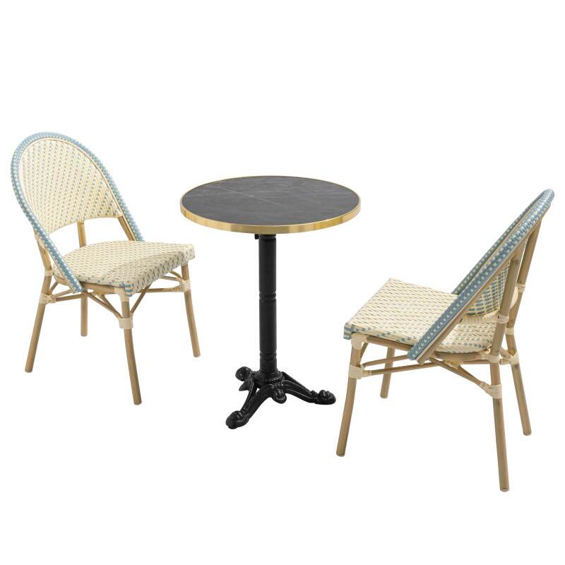 Tavolo da terrazza ⌀60 cm reclinabile in laminato e 2 sedie stile bistrot in rattan sintetico