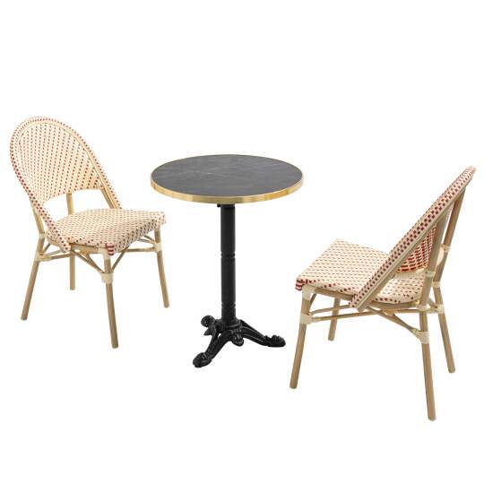 Tavolo da giardino bistrot inclinabile in laminato effetto marmo e ghisa Ø60 cm e 2 sedie in rattan sintetico e alluminio | Ovia