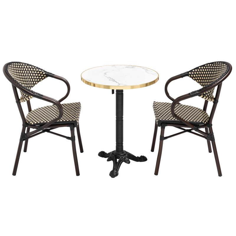 Tavolo da terrazza ⌀60 cm reclinabile in laminato e 2 sedie bistrot in alluminio e rattan sintetico