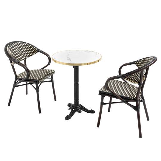Tavolo da giardino bistrot inclinabile in laminato effetto marmo e ghisa Ø60 cm e 2 sedie in rattan sintetico e alluminio | Ovia