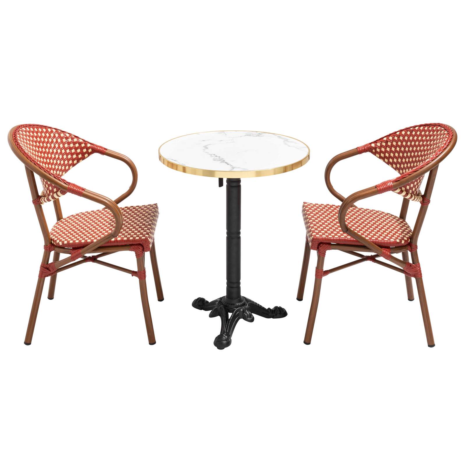 Tavolo da terrazza ⌀60 cm reclinabile in laminato e 2 sedie bistrot in alluminio e rattan sintetico