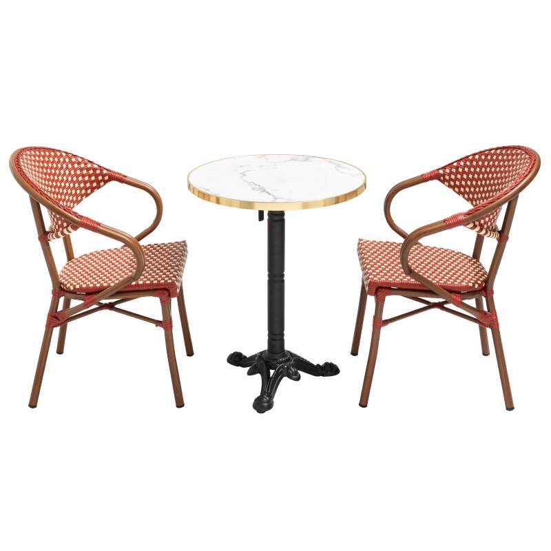 Tavolo da terrazza ⌀60 cm reclinabile in laminato e 2 sedie bistrot in alluminio e rattan sintetico