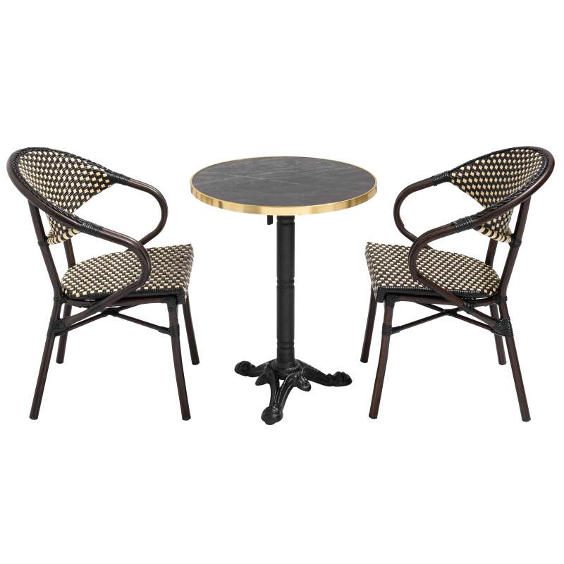 Tavolo da terrazza ⌀60 cm reclinabile in laminato e 2 sedie bistrot in alluminio e rattan sintetico