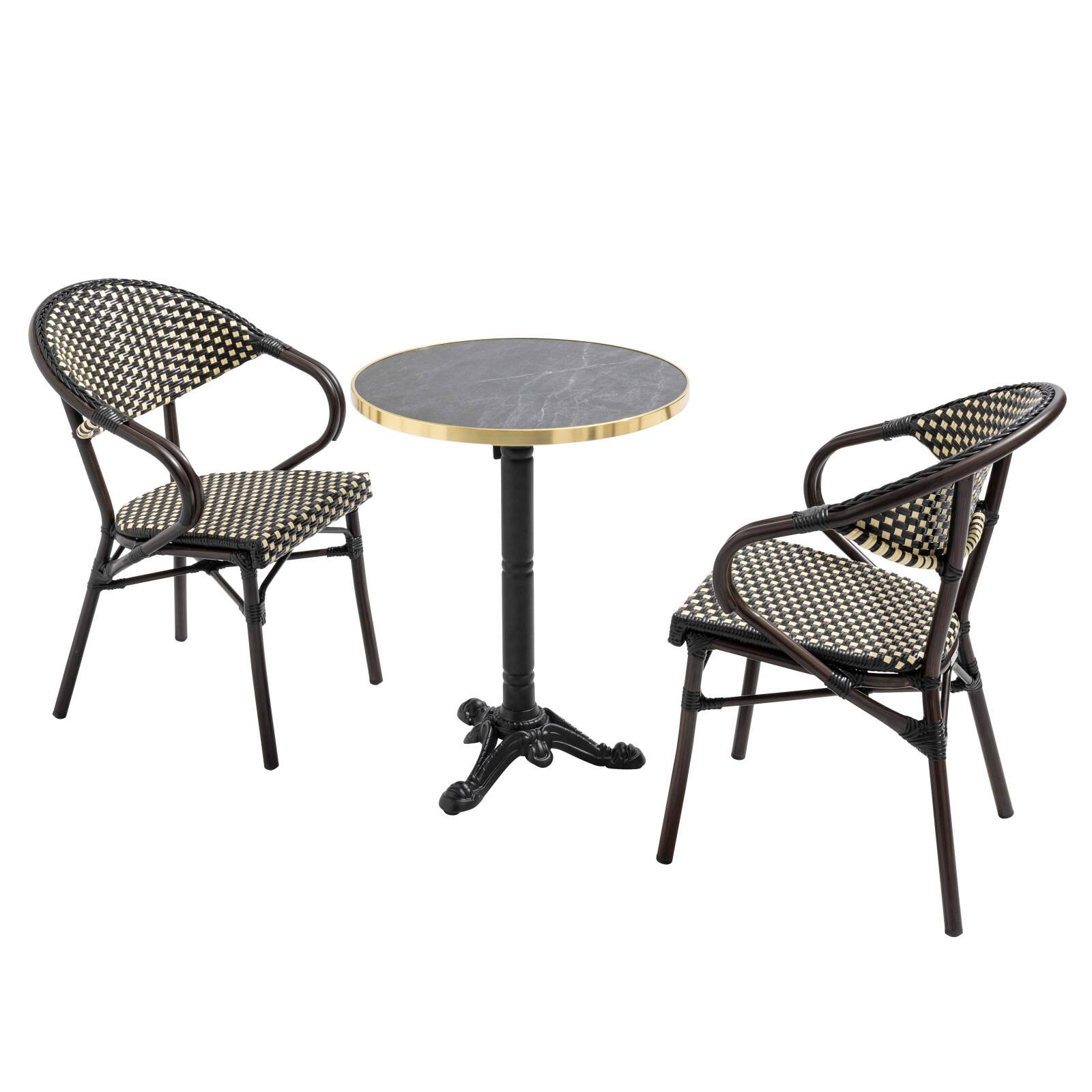 Tavolo da terrazza ⌀60 cm reclinabile in laminato e 2 sedie bistrot in alluminio e rattan sintetico