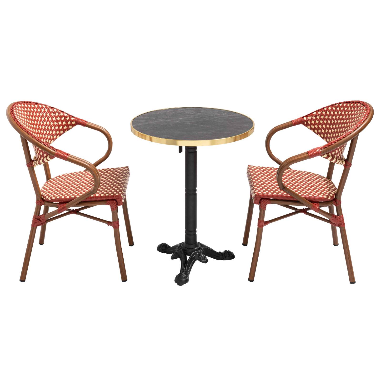 Tavolo da terrazza ⌀60 cm reclinabile in laminato e 2 sedie bistrot in alluminio e rattan sintetico