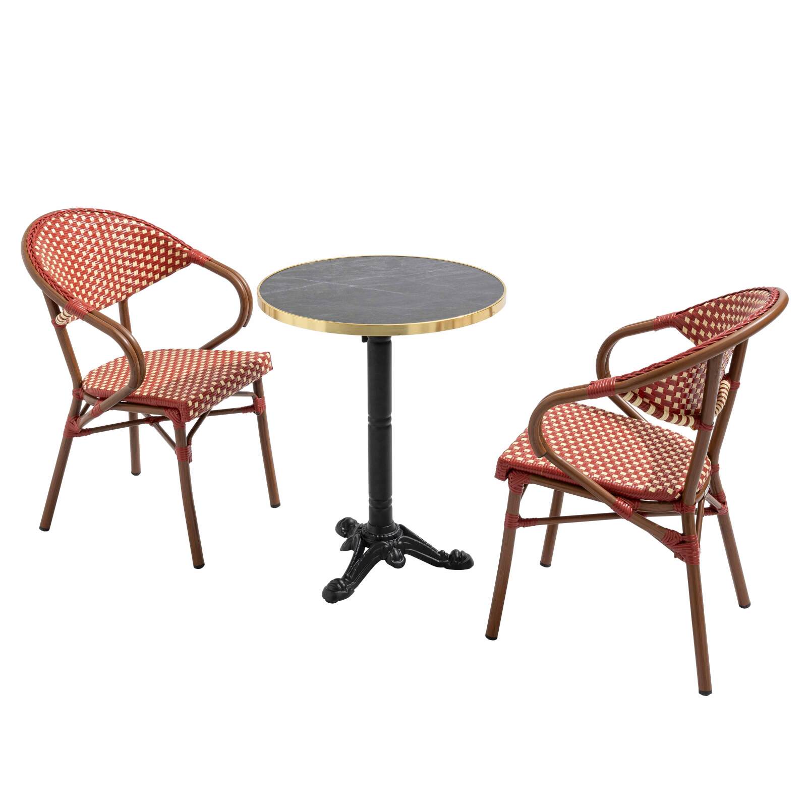 Tavolo da terrazza ⌀60 cm reclinabile in laminato e 2 sedie bistrot in alluminio e rattan sintetico