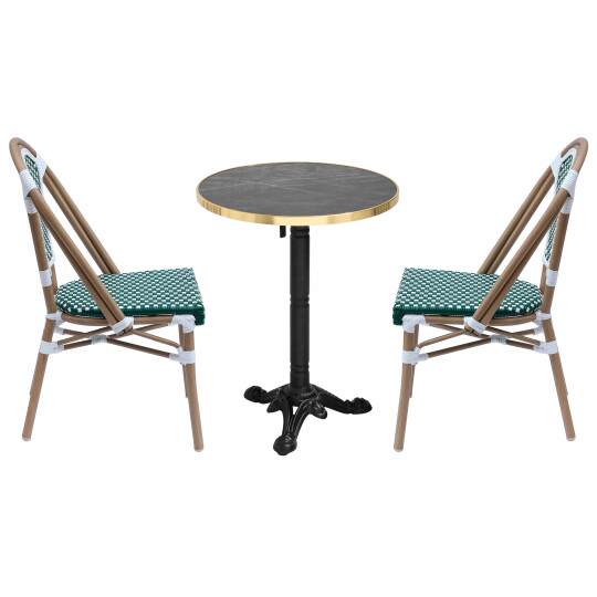Tavolo da giardino bistrot inclinabile in laminato effetto marmo e ghisa Ø60 cm e 2 sedie in rattan sintetico e alluminio | Ovia
