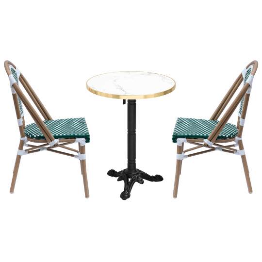 Tavolo da giardino bistrot inclinabile in laminato effetto marmo e ghisa Ø60 cm e 2 sedie in rattan sintetico e alluminio | Ovia