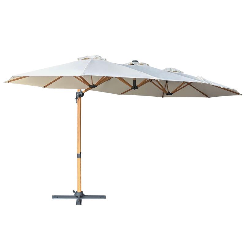 Ombrellone a braccio a 3 teste (4,5 x 2,65 m) con palo girevole a 360° in effetto legno e copertura protettiva