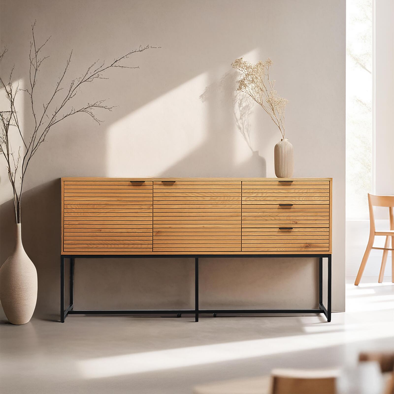 Buffet con 2 ante e 3 cassetti in acciaio e MDF con decoro melaminico FSC®