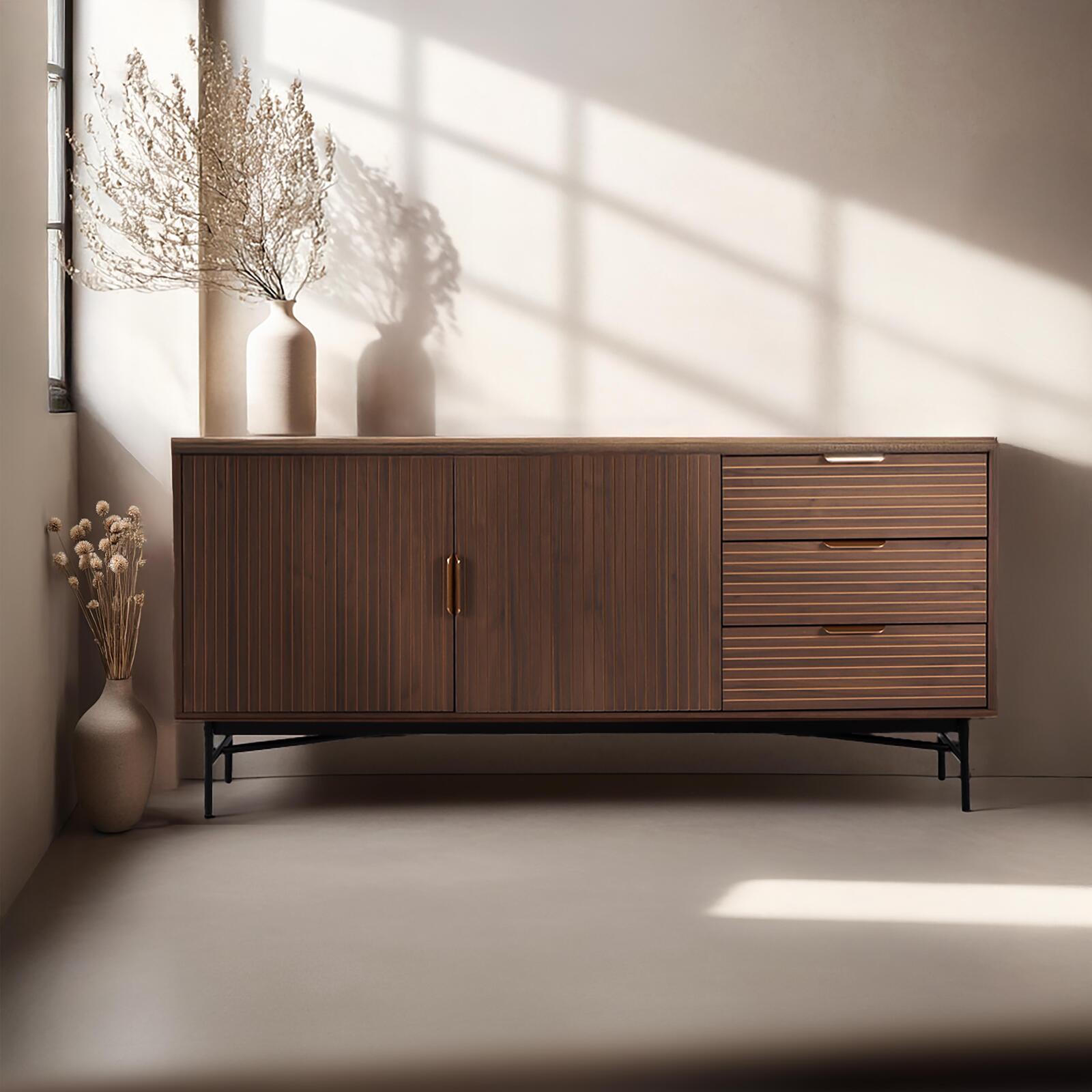 Credenza con 2 ante e 3 cassetti in MDF con melaminico e decoro acciaio 160 cm
