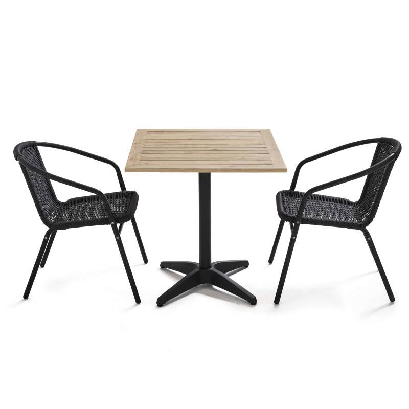 Tavolo da terrazza quadrato con piano in legno e 2 sedie in resina e alluminio