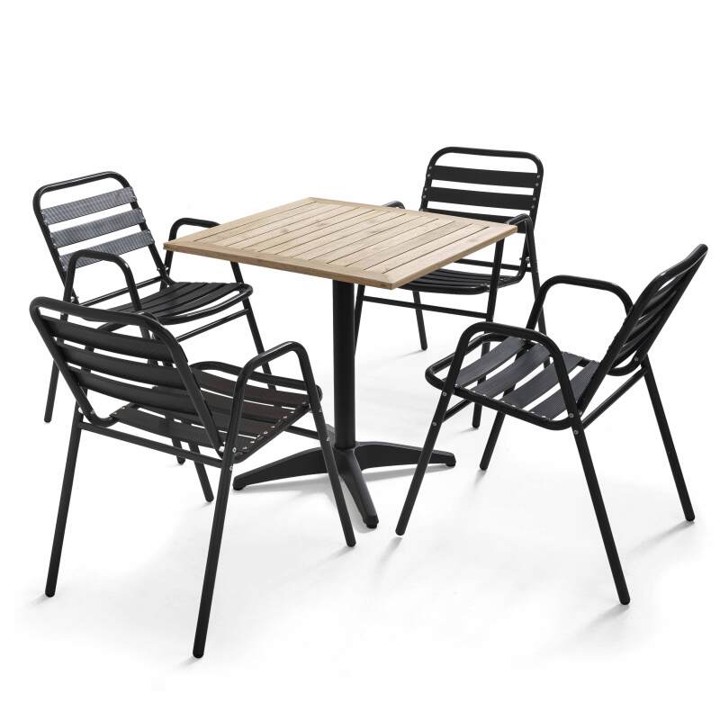Tavolo da terrazza quadrato in legno 70 x 70 cm + 4 sedie in alluminio