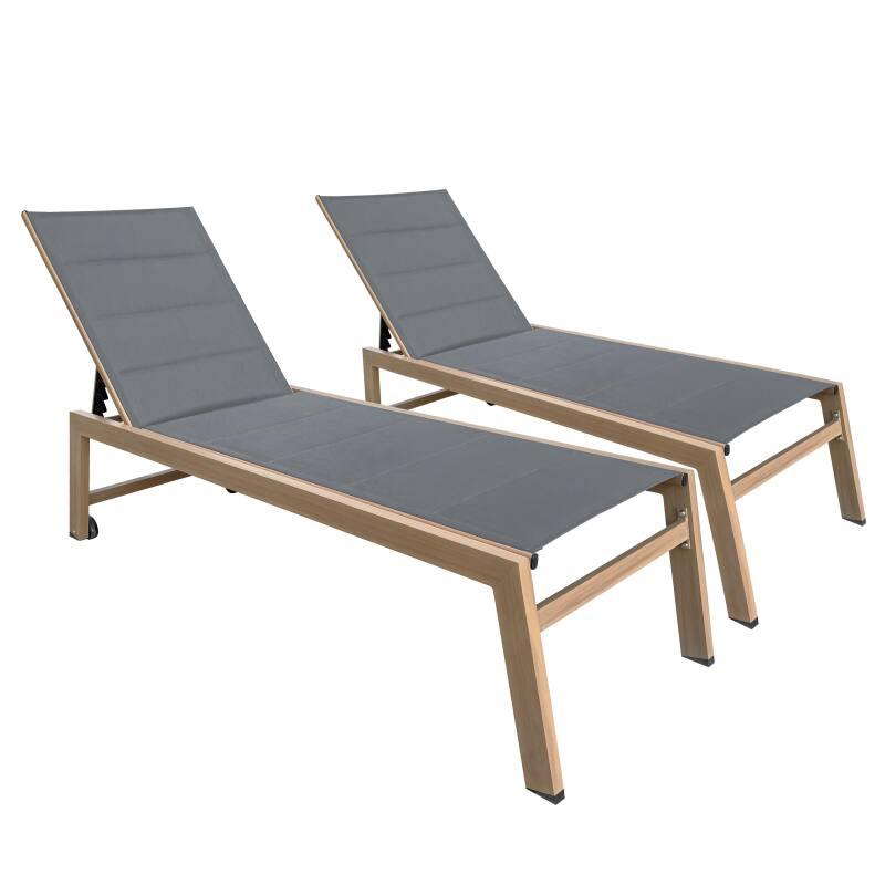 Set di 2 lettini prendisole in alluminio effetto legno con ruote, reclinabili in 5 posizioni