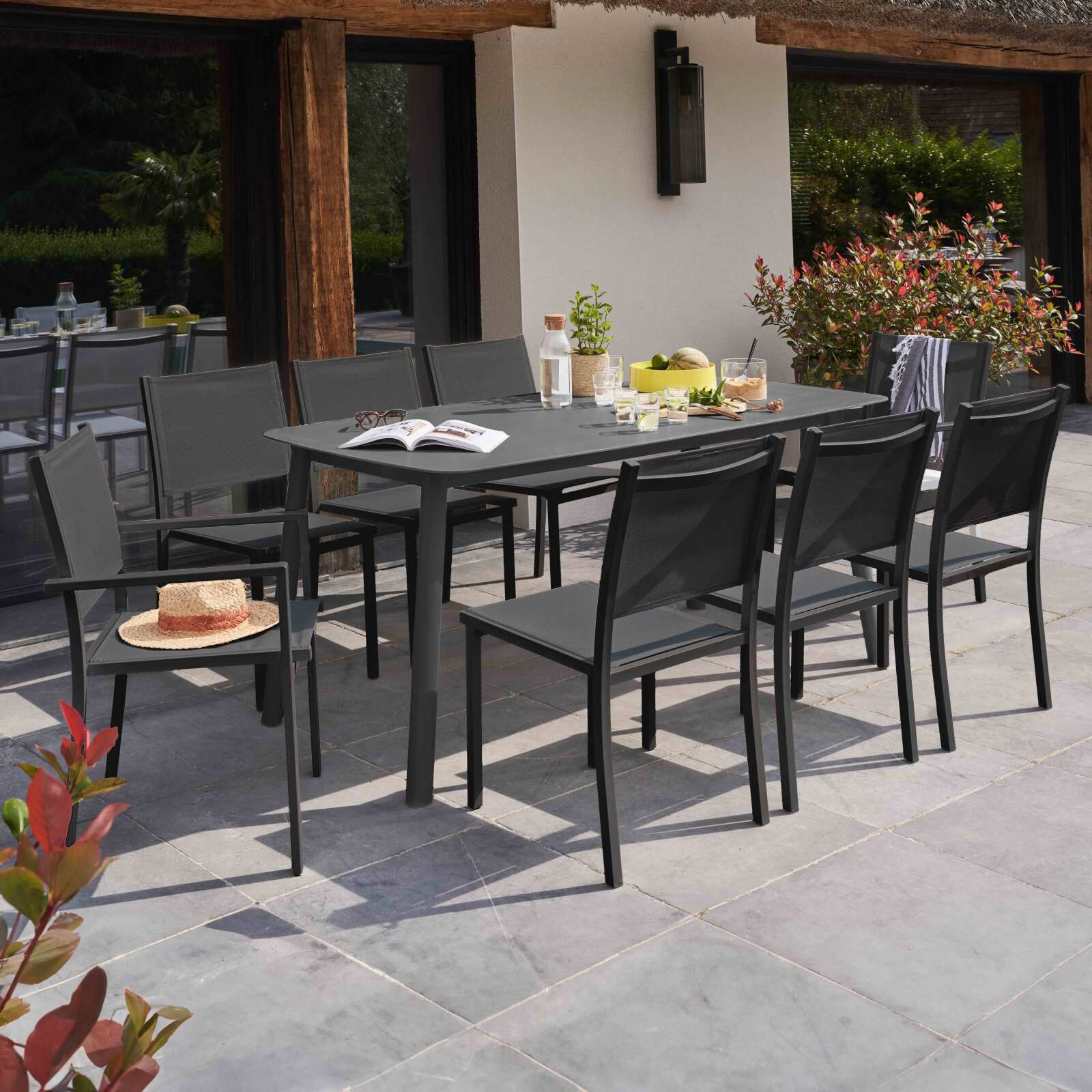 Tavolo da giardino rettangolare (180 x 90 cm) in alluminio + pietra sinterizzata