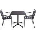 Tavolo da pronzo inclinabile 70 x 70 cm, gambe integrate e 2 sedie in metallo con braccioli