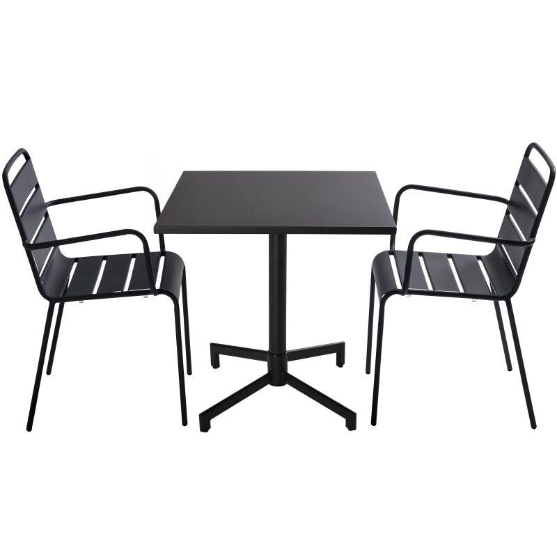 Tavolo da pronzo inclinabile 70 x 70 cm, gambe integrate e 2 sedie in metallo con braccioli