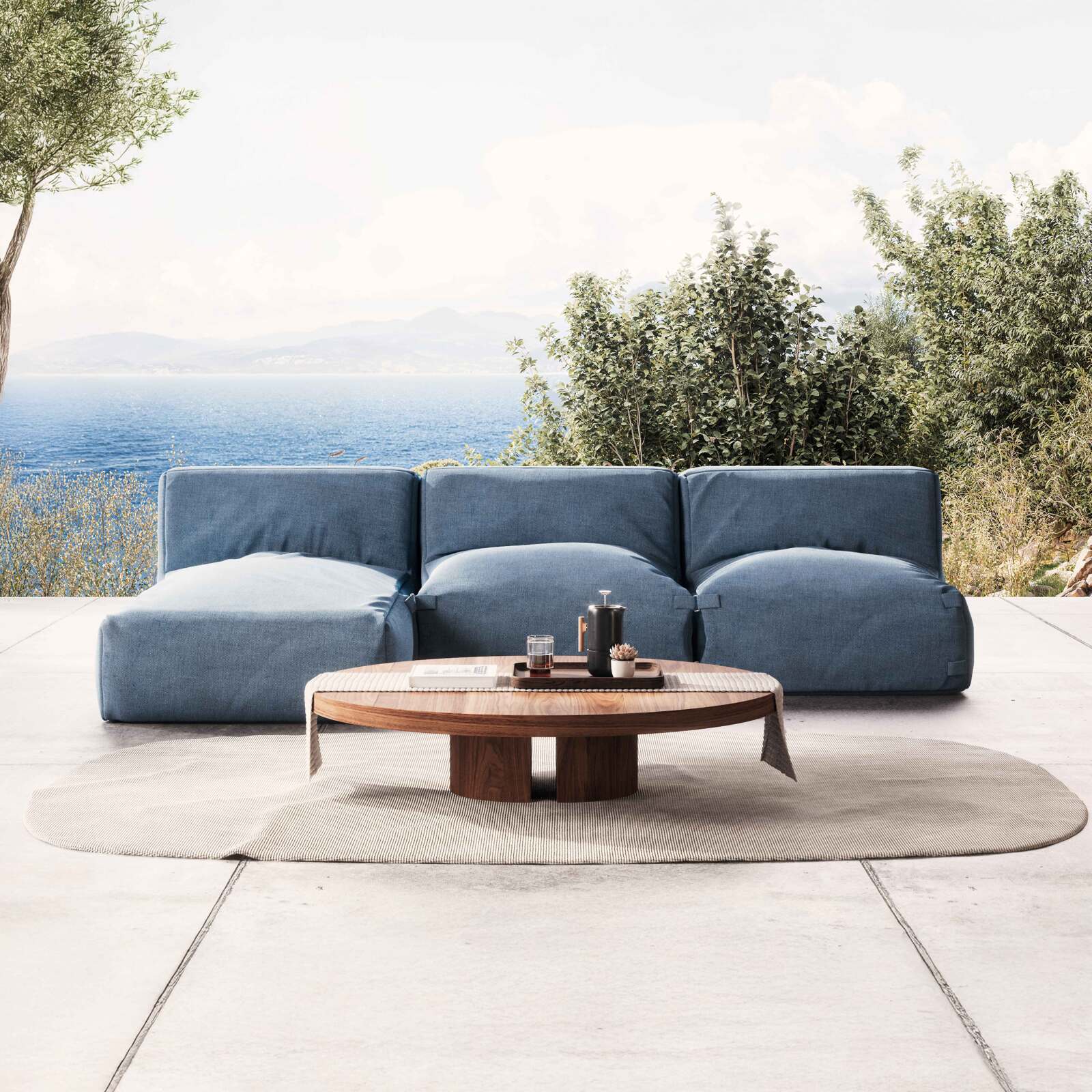 Divano modulare da esterno con 2 poltrone e 1 chaise longue