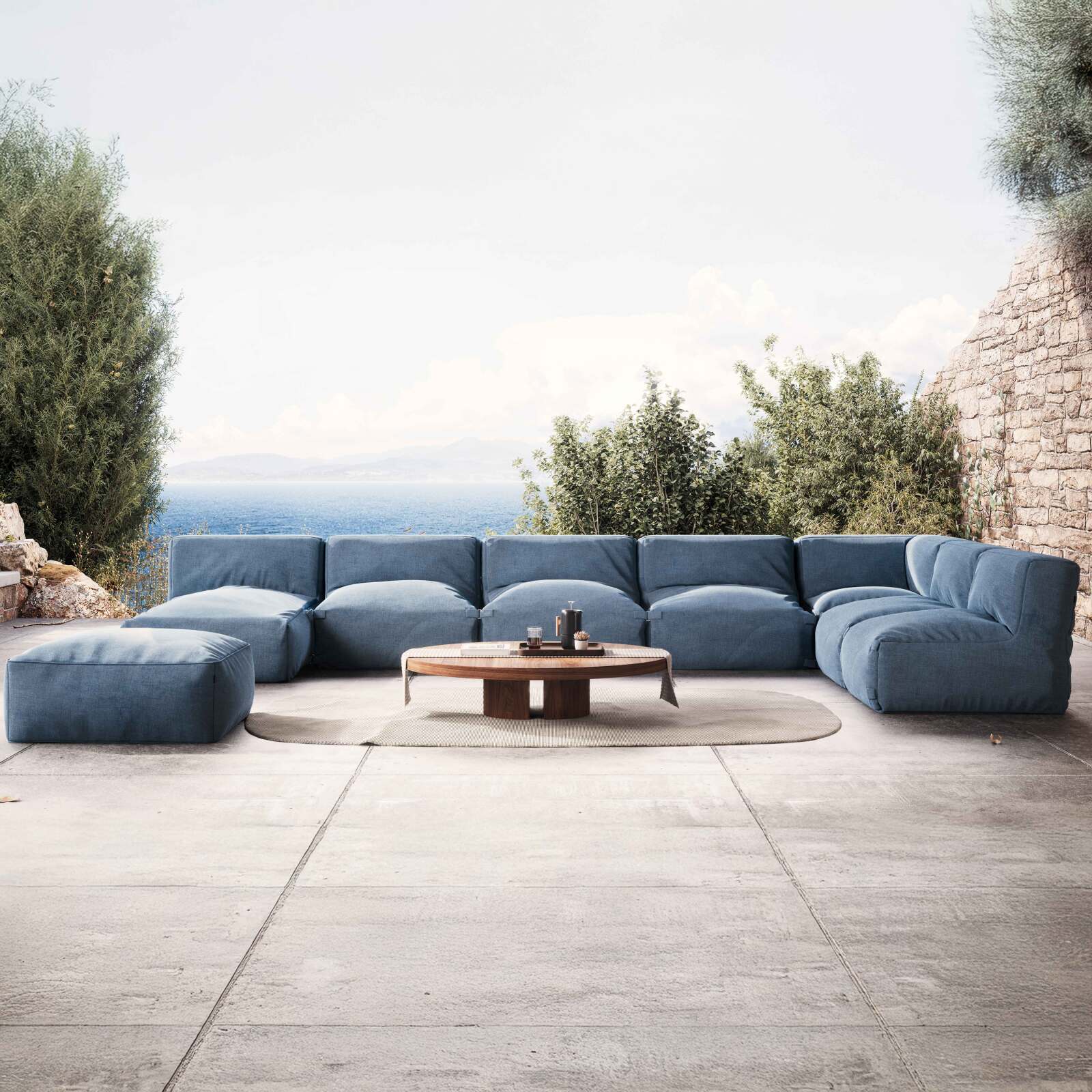 Divano modulare da esterno con 5 poltrone, 1 poltrona angolare, 1 chaise longue e 1 pouf