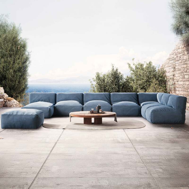 Divano modulare da esterno con 5 poltrone, 1 poltrona angolare, 1 chaise longue e 1 pouf