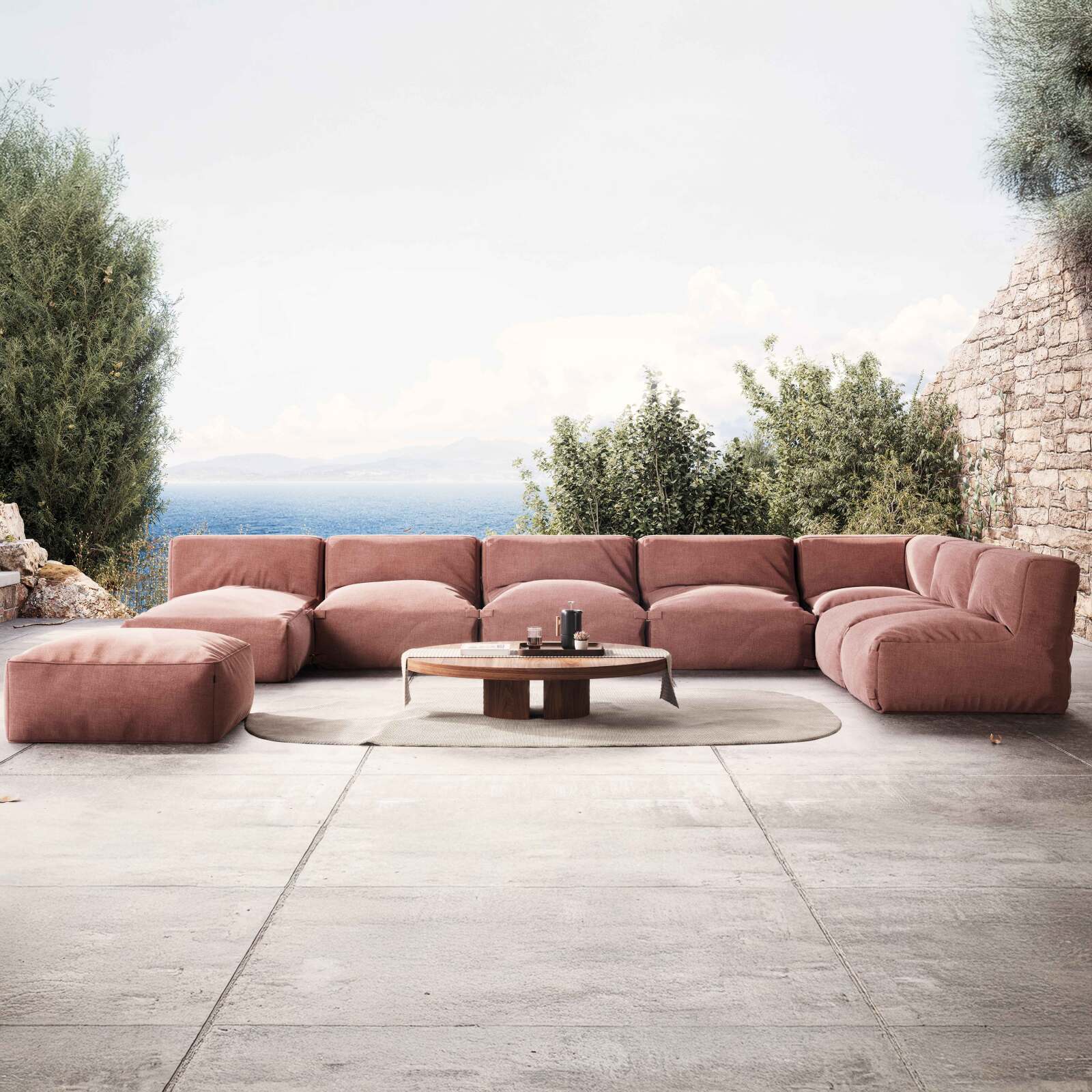 Divano modulare da esterno con 5 poltrone, 1 poltrona angolare, 1 chaise longue e 1 pouf