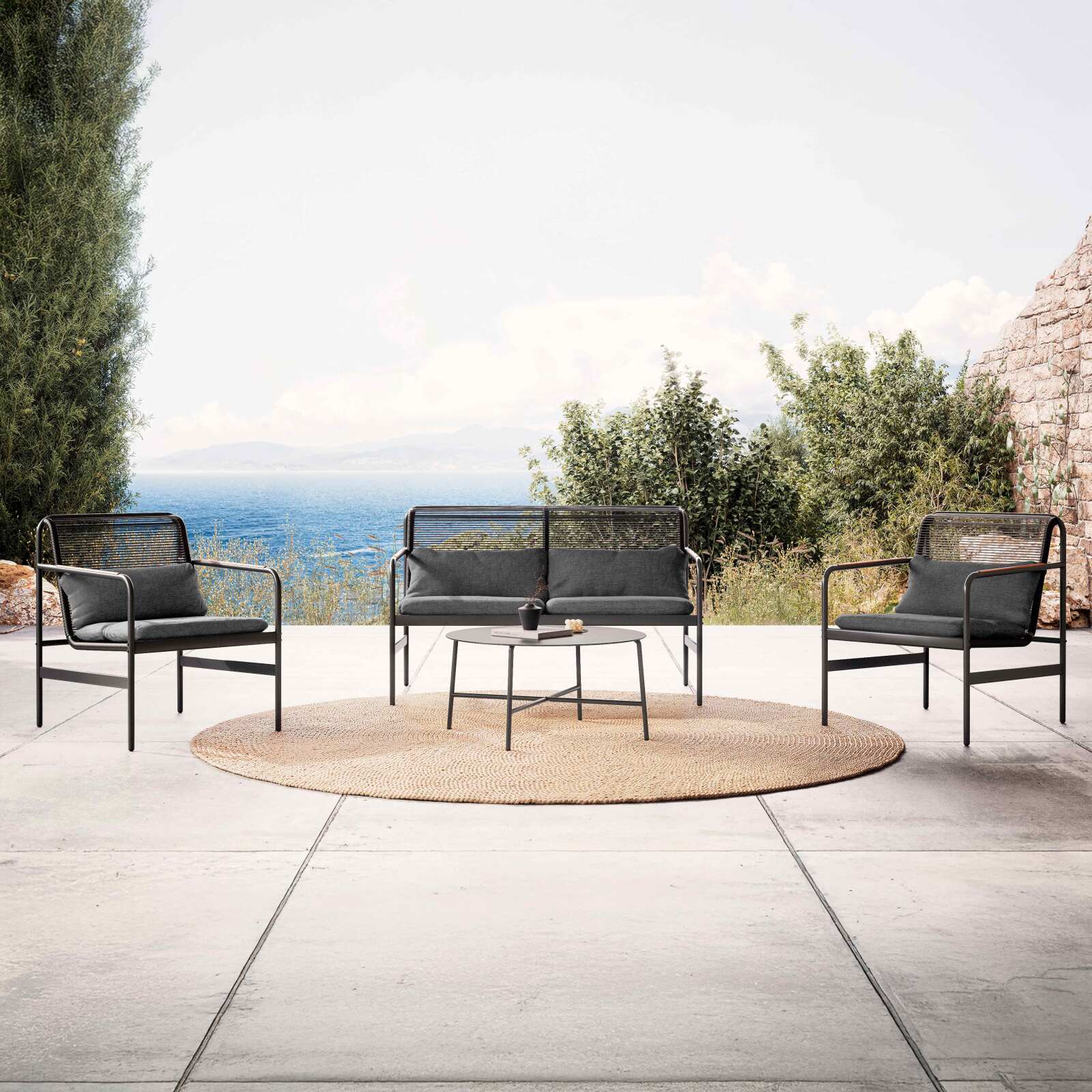 Mobile da giardino in metallo a 4 posti con 1 divano, 2 poltrone e tavolino