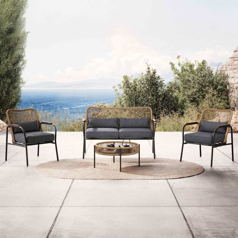 Mobile da giardino in rattan a 4 posti con divano, 2 poltrone e tavolino