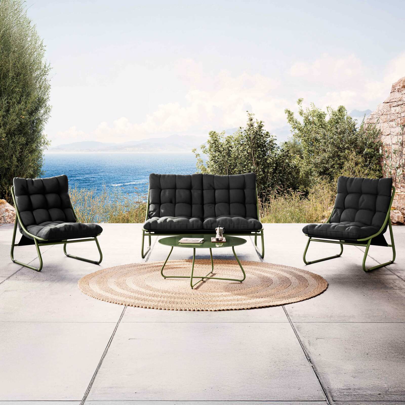 Mobile da giardino in metallo a 4 posti con 1 divano, 2 poltrone e tavolino