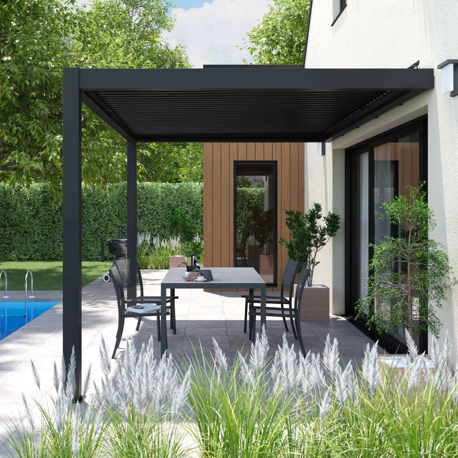 Pergola bioclimatica addossata 4x3m in alluminio grigio antracite