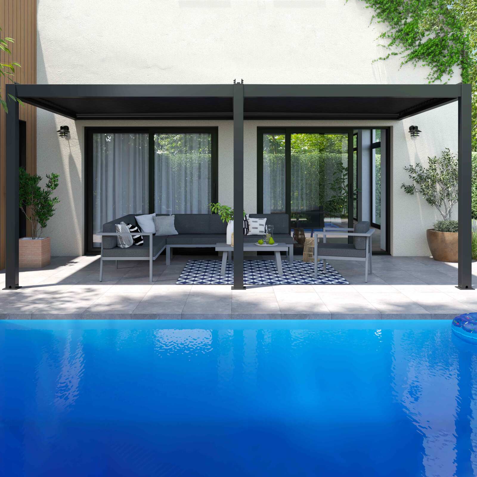 Pergola bioclimatica addossata 6x3m in alluminio grigio antracite Pergola bioclimatica addossata 6x3m in alluminio grigio antracite