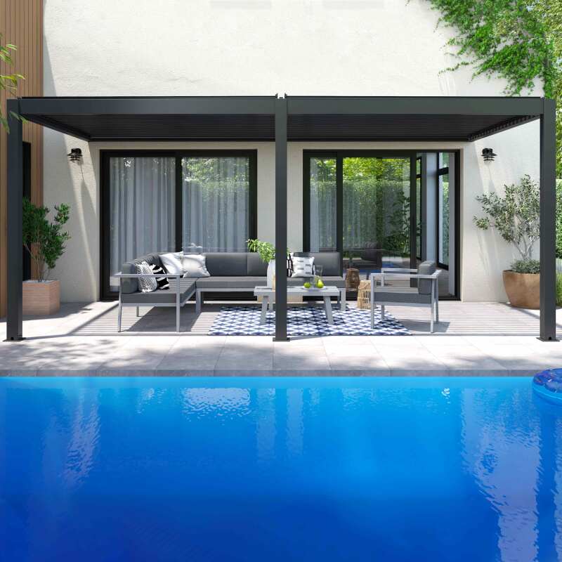 Pergola bioclimatica addossata 6x3m in alluminio grigio antracite