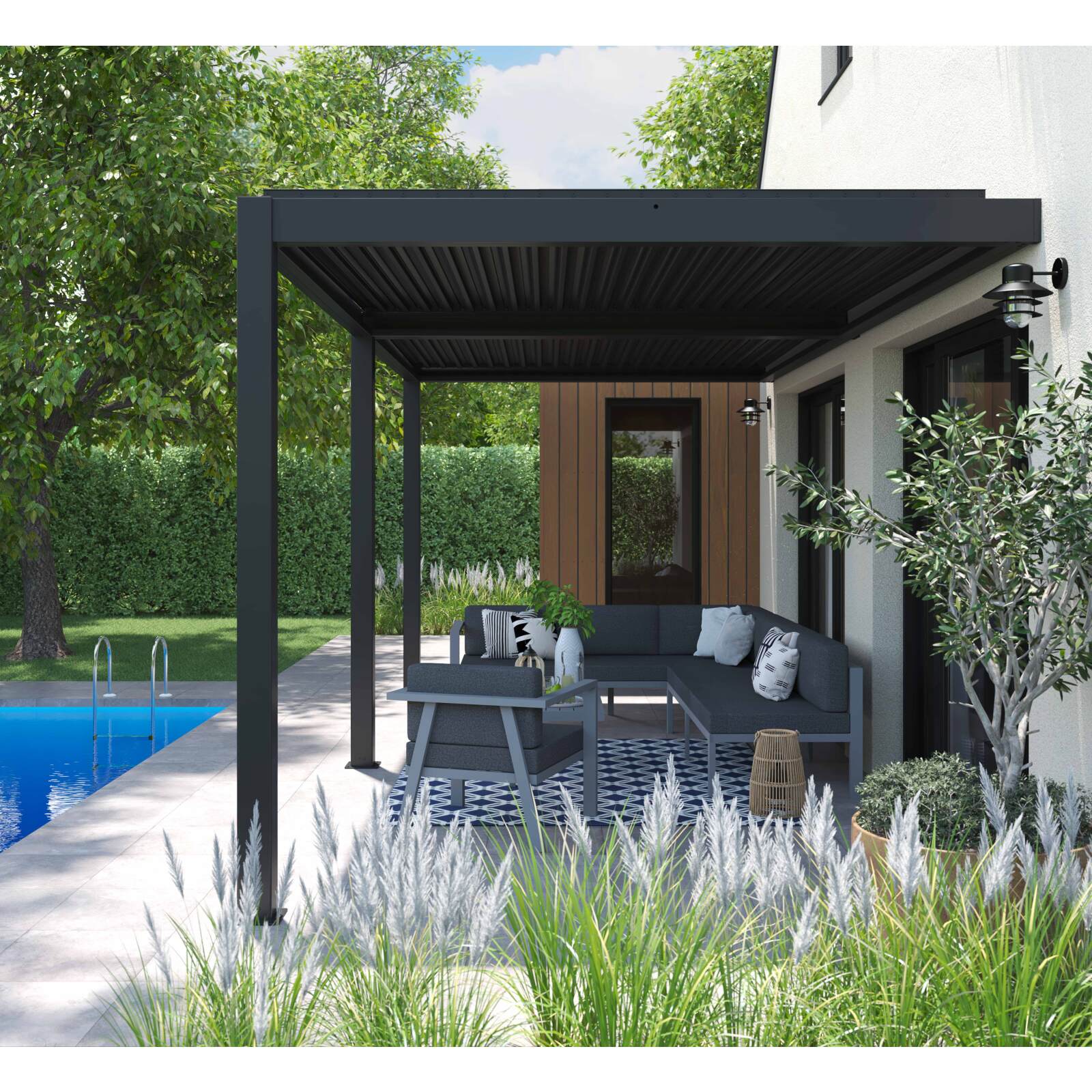 Pergola bioclimatica addossata 6x3m in alluminio grigio antracite Pergola bioclimatica addossata 6x3m in alluminio grigio antracite