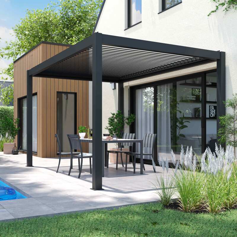 Pergola bioclimatica autoportante 4x3m in alluminio grigio antracite