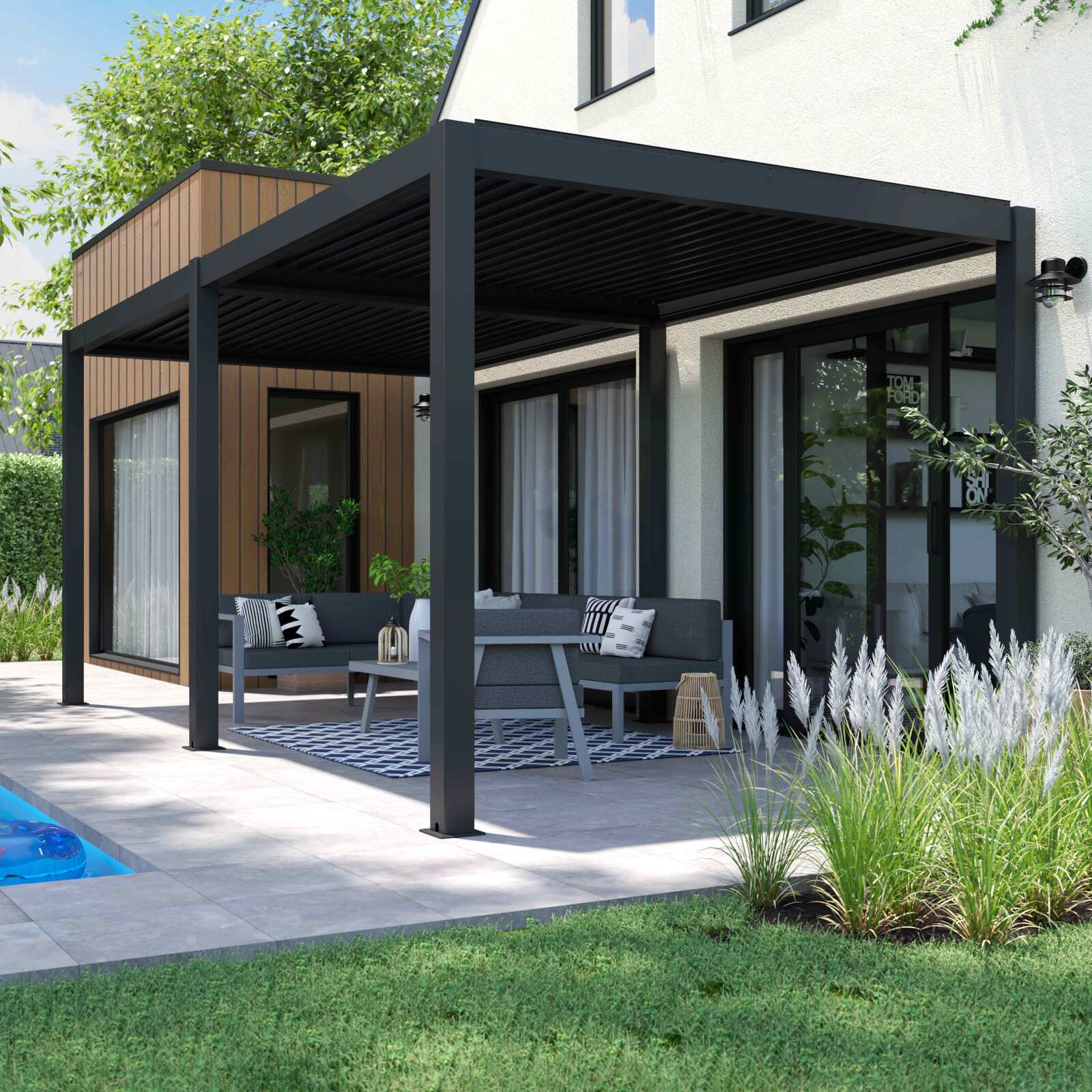 Pergola bioclimatica autoportante 6x3m in alluminio grigio antracite