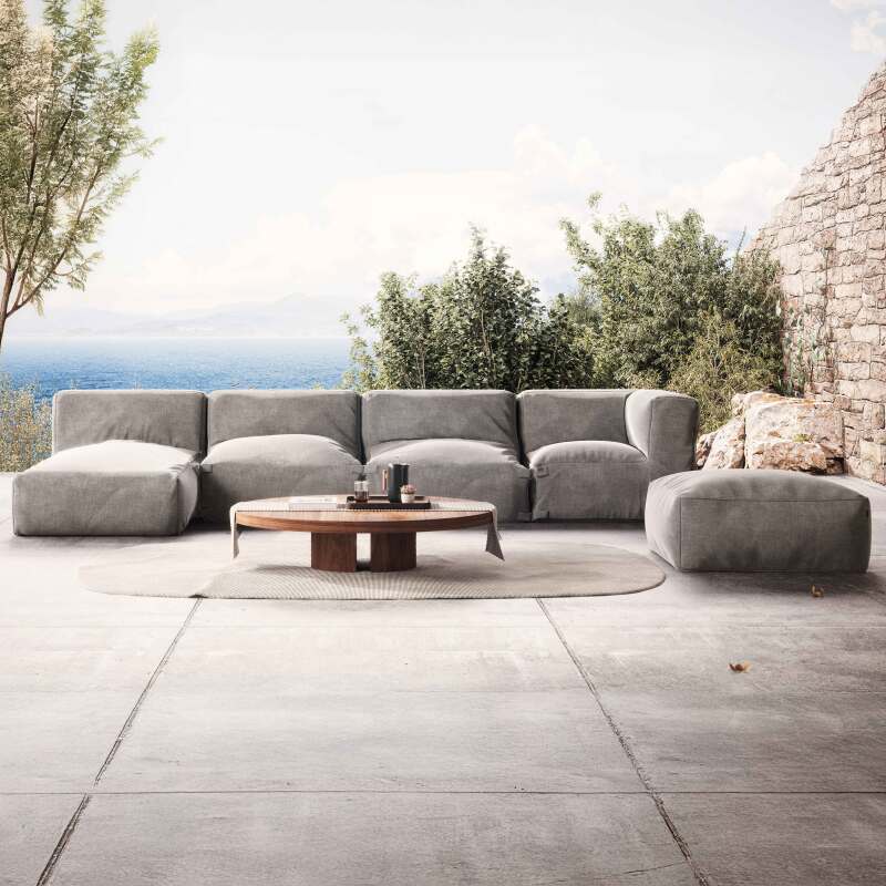 Divano modulare da esterno con 2 poltrone, 1 poltrona angolare, 1 chaise longue e 1 pouf