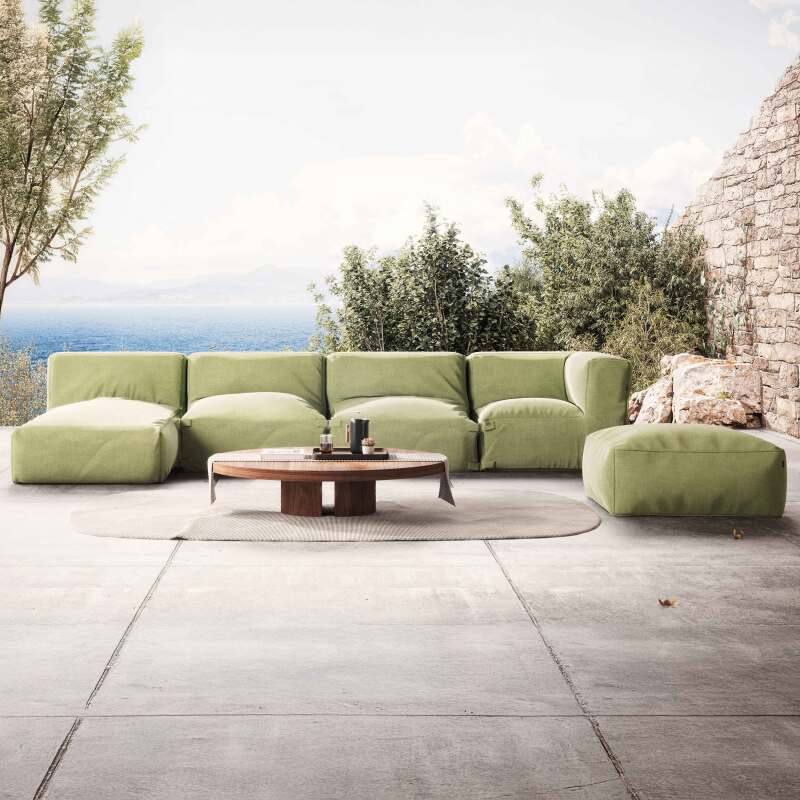 Divano modulare da esterno con 2 poltrone, 1 poltrona angolare, 1 chaise longue e 1 pouf