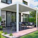 Pergola bioclimatica addossata 4x3m motorizzata/illuminata in alluminio bianco con 1, 2 o 3 tende