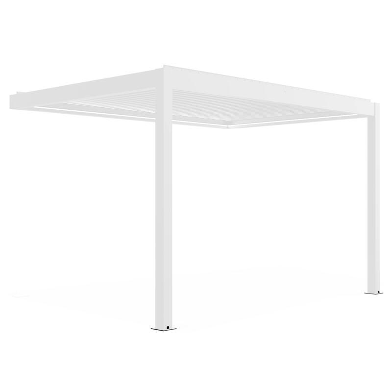 Pergola bioclimatica addossata 4x3m motorizzata/illuminata in alluminio bianco con 1, 2 o 3 tende