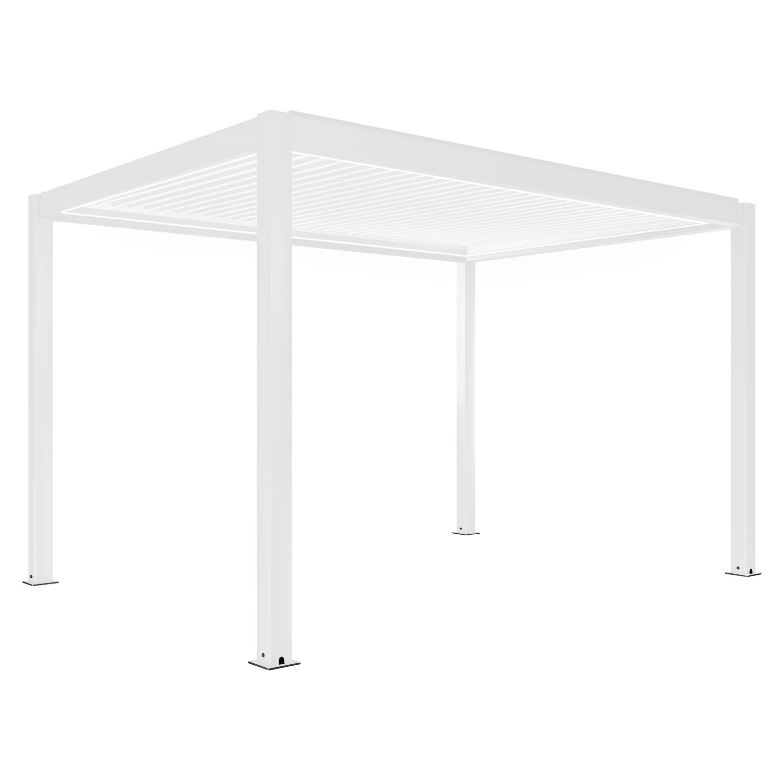 Pergola bioclimatica addossata 4x3m motorizzata/illuminata in alluminio bianco con 1, 2 o 3 tende