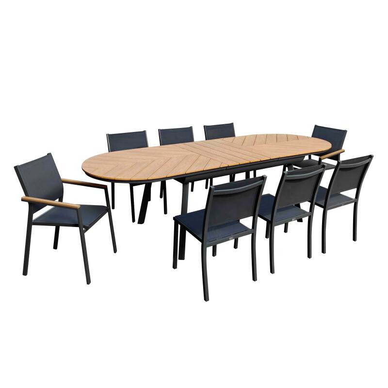 Tavolo da giardino rettangolare allungabile in polywood 180/220 cm con 6 sedie e 2 sedie con braccioli