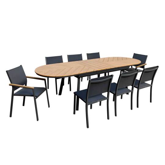 Tavolo da giardino rettangolare allungabile in polywood 180/220 cm con 6 sedie e 2 sedie con braccioli