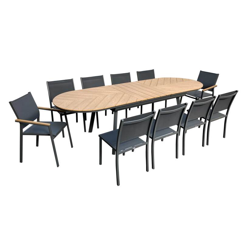 Tavolo da giardino rettangolare allungabile in polywood 220/280 cm con 8 sedie e 2 sedie con braccioli