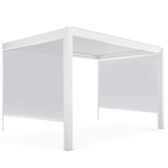 Pergola bioclimatica addossata 4x3m in alluminio bianco con 1, 2 o 3 tende