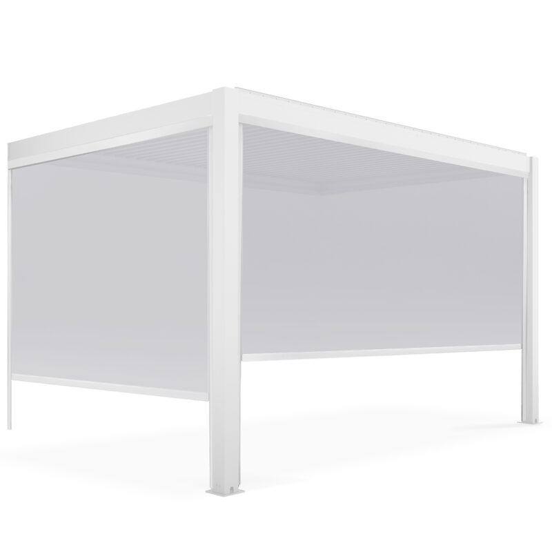 Pergola bioclimatica addossata 4x3m in alluminio bianco con 1, 2 o 3 tende