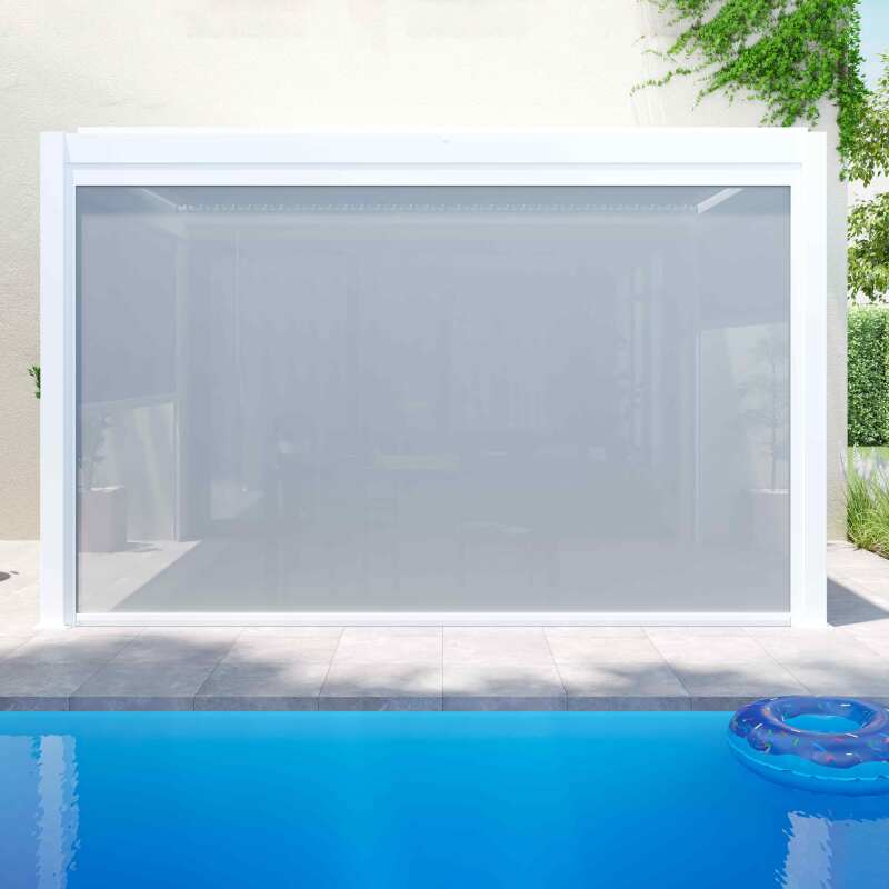 Pergola bioclimatica addossata 4x3m in alluminio bianco con 1, 2 o 3 tende