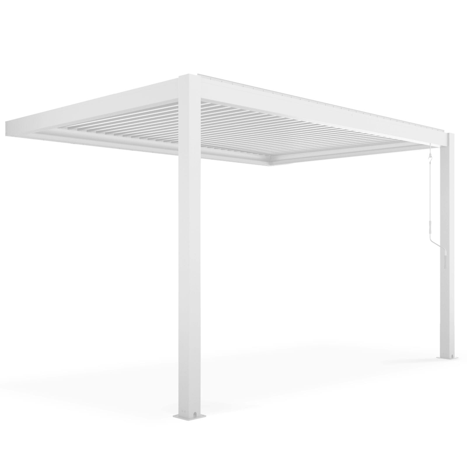 Pergola bioclimatica addossata 4x3m in alluminio bianco con 1, 2 o 3 tende Pergola bioclimatica addossata 4x3m in alluminio bianco con 1, 2 o 3 tende