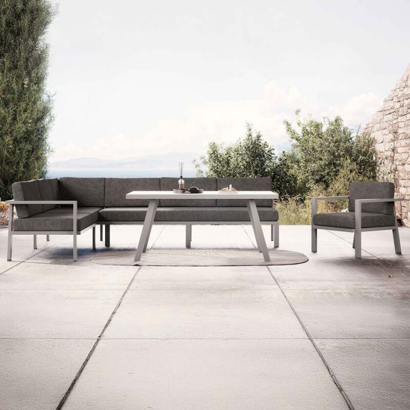 Salotto da giardino in alluminio 6 posti + 1 poltrona + 1 tavolo da pranzo