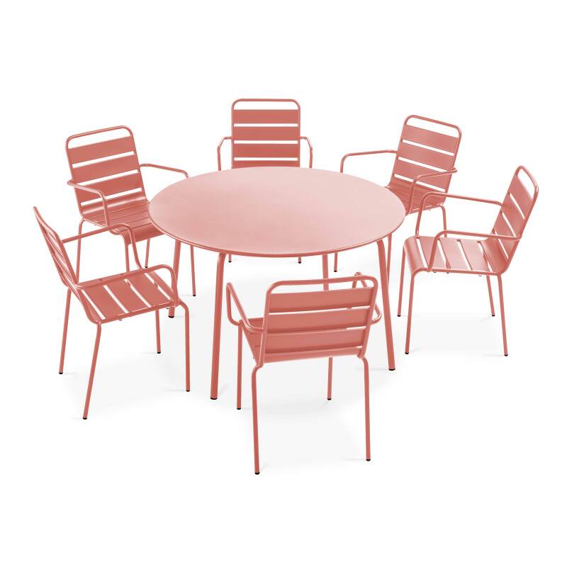 Tavolo da giardino rotondo Ø120 x 72 cm e 6 sedie con braccioli in metallo