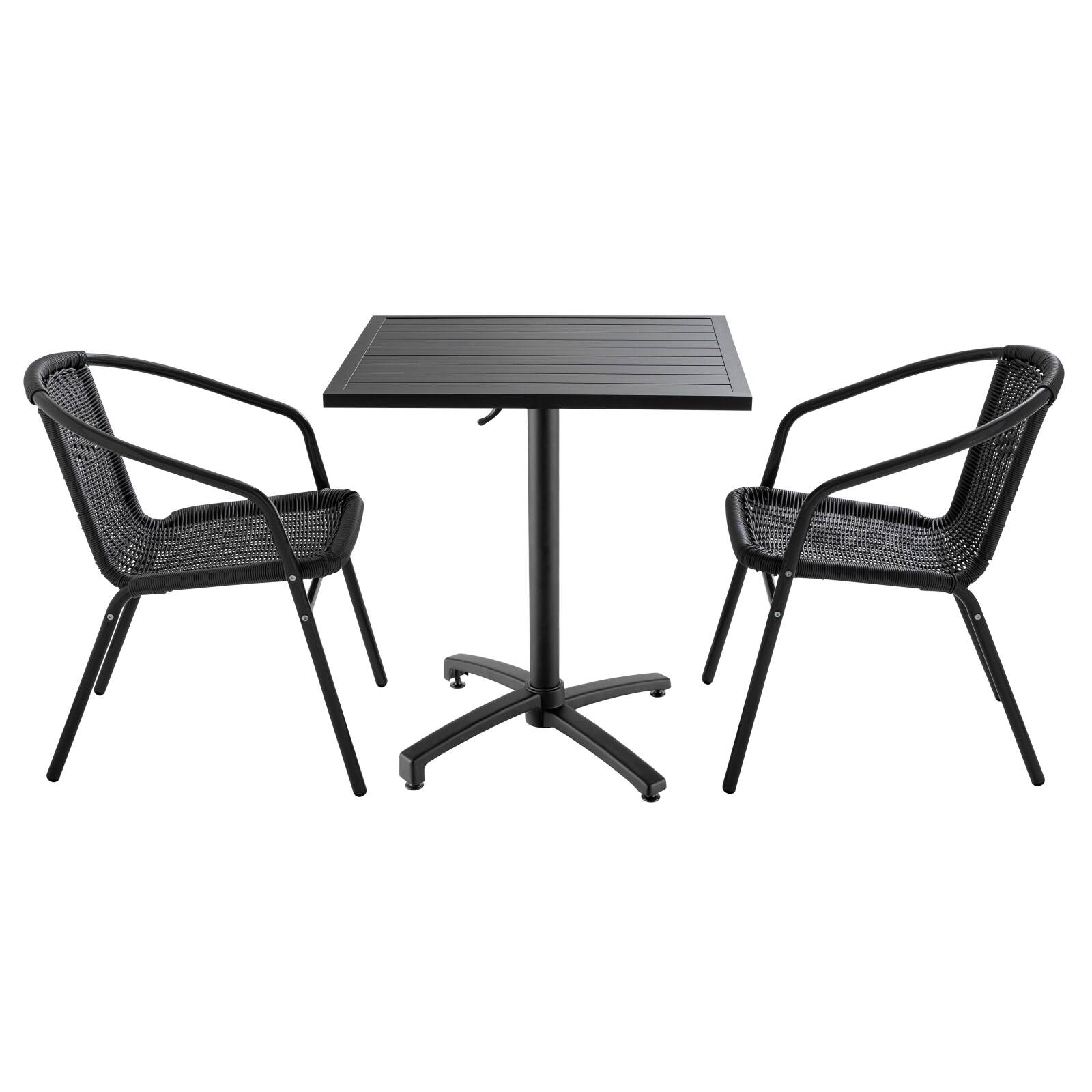 Tavolo da giardino quadrato 70 x 70 cm e 2 sedie con braccioli in alluminio e resina intrecciata