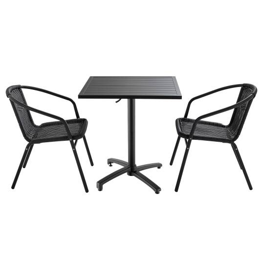 Tavolo da giardino quadrato 70 x 70 cm e 2 sedie con braccioli in alluminio e resina intrecciata